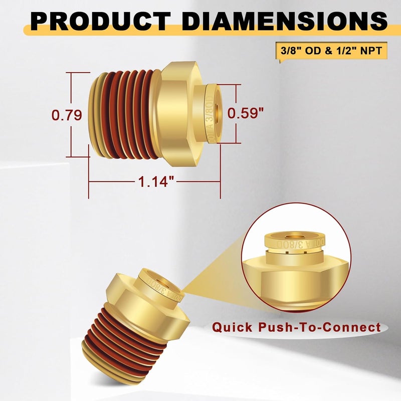 Siptenk 3/8" DOT Brass Push to Connect Air Line Fittings 5 PCS, 3/8" OD Tube x 1/2" NPT Thread Air Brake Line Quick Connect Fittings for Truck Trailers Industry Air System - Image 5
